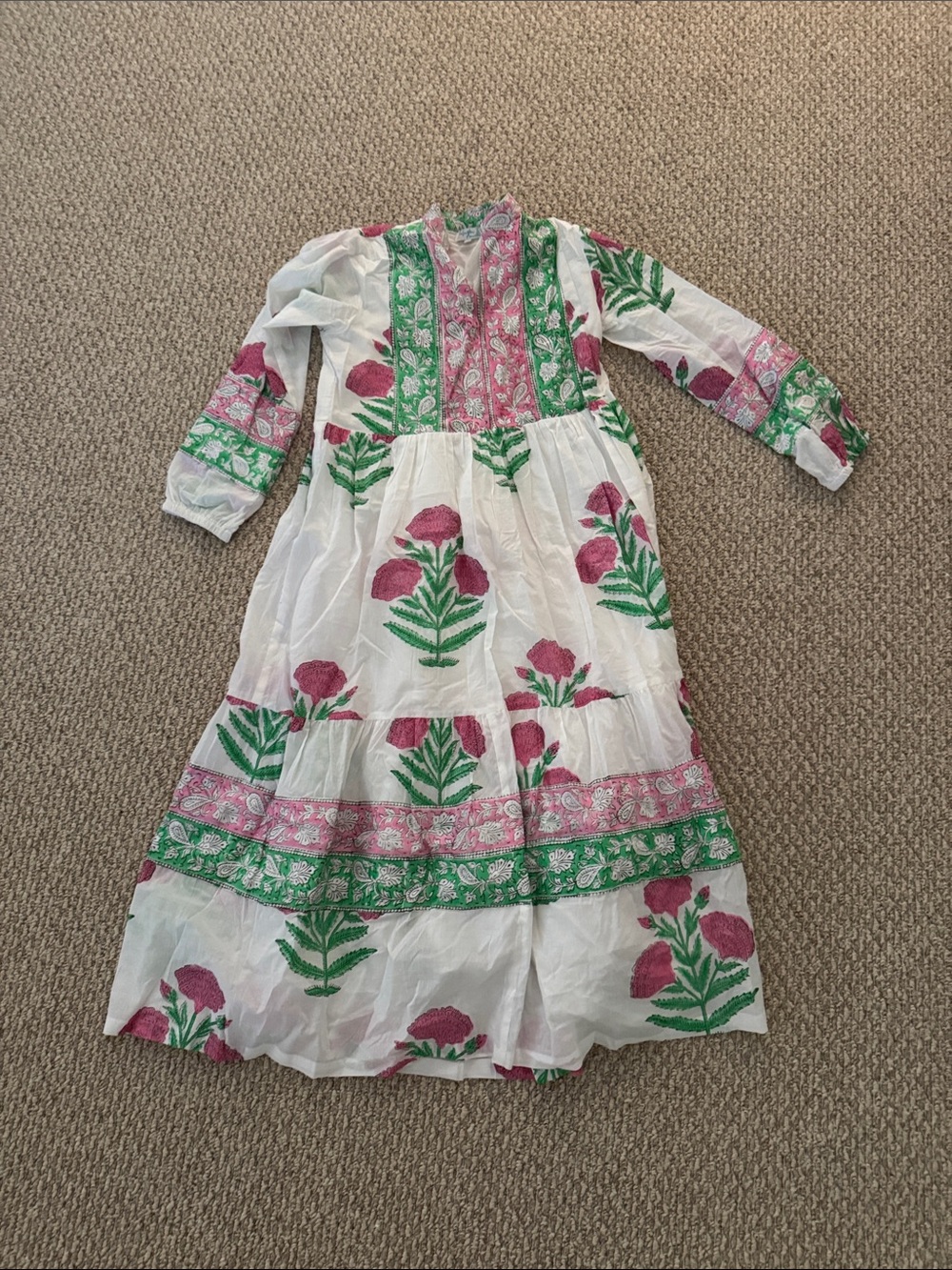 Women’s White Floral Tiered Maxi Dress with Pink & Green Print